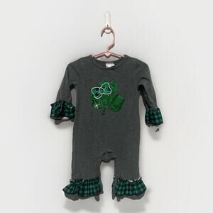 St Patricks Romper Jumpsuit Green Shamrocks Ruffles Size 6-12 Months